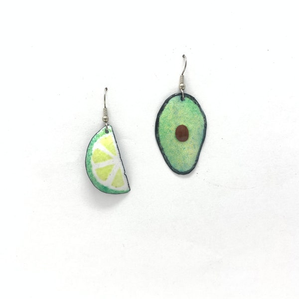 Avocado Lime Earrings, Foodie gift, Copper Enamel Food Jewelry, Mismatched Earrings, chef gift