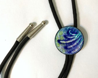 Bolo Tie Copper Enamel with Blue Swirl, Wedding lariat necklace, Modern art string tie for men, women