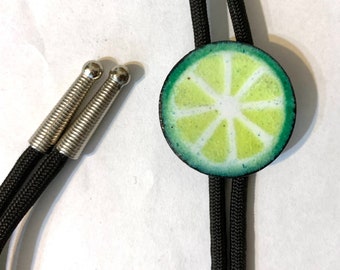 Lime Bolo Tie, Copper Enamel String Tie, Bootlace tie, Mid century kitsch, Handmade Art bolo, Fruit art, Cowboy tie