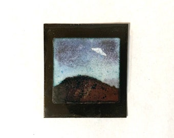 Small Wall Art, Glass Enamel Art for Small Spaces, Mountain Dawn with UFO, Alien art, Tiny enamel art, sci fi decor