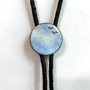 Blue Sky Bolo Tie, Copper Enamel String Tie with Birds, Bootlace tie, Sky with Birds Bolo, wedding lariat necklace, artisan hand made