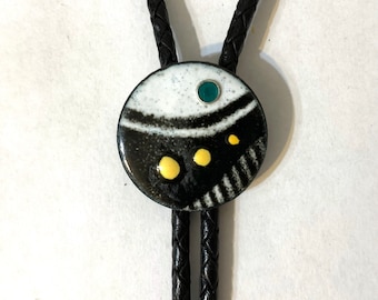 Black White Bolo Tie, Contemporary Copper Enamel String Tie, retro bootlace tie, Geometric, new wave, Handmade Art, Wedding