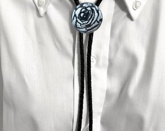 Bolo Tie, Father's Day gift, black and white rose, gift for brother, father, mom, friend, birthday gift, Copper Enamel String Tie necklace,