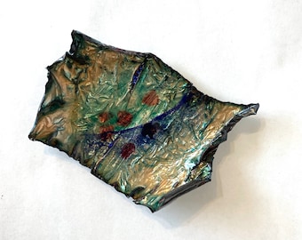 Abstract trinket plate, Copper Enamel ring plate, Crumpled metal trinket dish, one-of-a-kind, experimental, hand crafted, original home gift