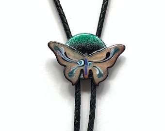 Butterfly bolo tie, copper enamel string tie, wedding tie, cowboy tie, lariat necklace for women and men, colorful swirled enamel bootlace