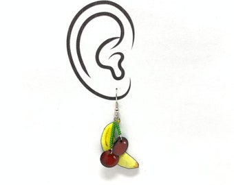 Cherry Banana Earrings, Copper enamel Foodie jewelry, Food Art, Fruit Earrings, Banana Cherry Art, chef gift, gardener gift