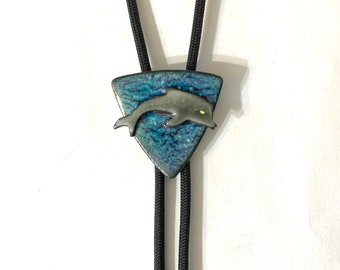 Porpoise Dolphin Bolo in copper enamel, wedding lariat necklace, coastal string tie, beach lover gift, water mammal jewelry