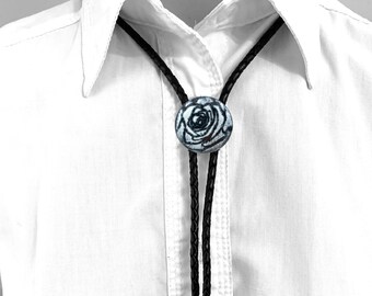 White Rose Bolo Tie, Copper Enamel String Tie, Black and White bolo flower wedding bolo, lariat necklace, man woman bolo