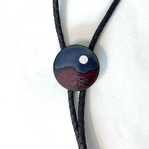 Handmade Bolo Tie, Desert Moon in Copper Enamel, Lariat Wedding Necklace, Blue and Silver