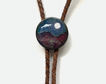 Bolo Tie, Desert Moon  with UFO, Copper Enamel String Tie, Wedding necklace, Alien bolo jewelry, Flying Saucer, Sci Fi Jewelry, Groom