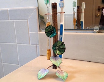 Wood Toothbrush Holder with Enameled Flowers, Turquoise and green toothbrush holder, handmade toothbrush rack, housewarming gift