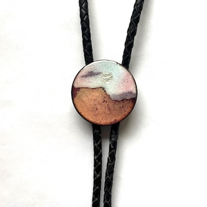 UFO Bolo Tie, Copper Enamel Leather Wedding Tie, Alien art, Sci-Fi lariat necklace