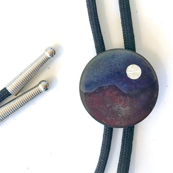 Desert Moon Bolo Tie, Copper Enamel string tie for man, woman,  wedding Blue and Silver lariat necklace, southwest jewelry, cowboy tie