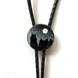 Nashville Full Moon Bolo Tie, Copper Enamel String Tie, with Nashville Skyline, Black and Silver Bootlace Tie, Wedding Tie