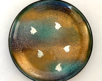 Enamel Trinket plate with Fish, Silver Angel Fish ring plate, Copper Enamel Small Plate in purple, aqua, golden, silver, Change plate