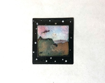 Tiny Wall Art, Mars UFO Sunset, Glass Enamel Art for Small Spaces, Small cooper enamel wall art, tiny enamel painting landscape