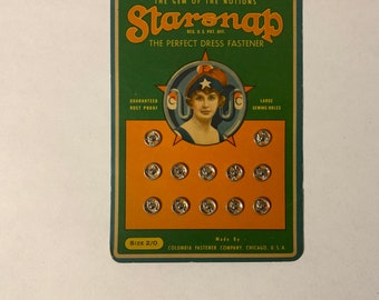 Vintage 1940s Starsnap metal snaps on card by Columbia Fastener company, size 2/0