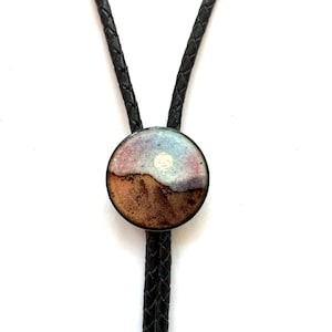 Mars Sunset Copper Enamel Bolo Tie, Silver Sun, Space Jewelry