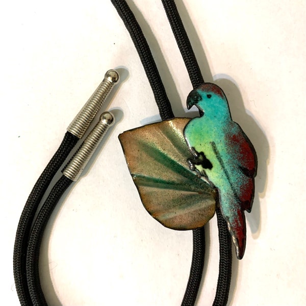 Parrot Bolo tie, Copper Enamel String tie, Parrot on a Leaf, Bird bolo, wedding lariat necklace, tropical western bootlace tie