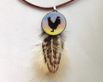 Rooster Feather Necklace in Copper Enamel / Sunrise / Rainbow / Chicken feather / farm pendant