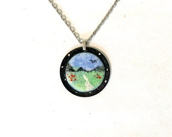 Tiny World necklace Copper Enamel, Sparkling Stream pendant, blue sky, field with poppies, flowers, idyllic peaceful scene
