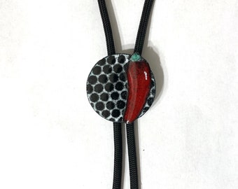 Cayenne Pepper Bolo Tie, Punk Retro New Wave Copper Enamel String Tie, Wedding Bolo Lariat Necklace, Black and Red Pepper Tie