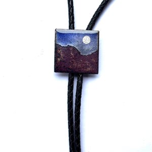 Desert Moon Bolo Tie: Copper Enamel Mountain Ridge beneath a fine silver full moon