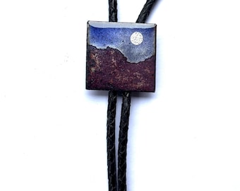 Desert Moon Bolo Tie: Copper Enamel Mountain Ridge beneath a fine silver full moon