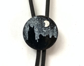 Nashville Crescent Moon Bolo Tie, Copper Enamel String Tie with Nashville Skyline, Black and Silver Bootlace Tie, Wedding Tie