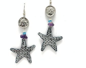 Starfish earrings Copper Enamel / black and white / aqua beads and amethyst chips / upcycled parts