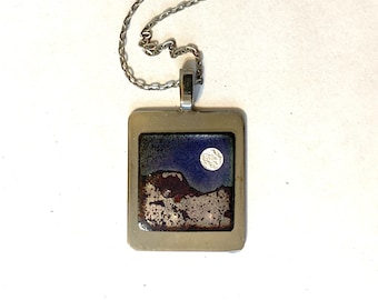 Desert Moon Necklace in copper enamel, Enamel Pendant with nightscape, Moon necklace, mountain jewelry, daughter, girl, woman, mother gift