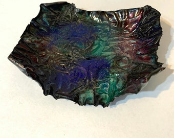 Enamel trinket plate, Deep Red Aqua and Blue ring plate, Abstract crumpled metal trinket dish, one-of-a-kind original art, housewarming gift