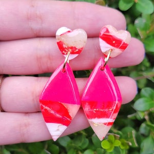 Pink and Red Polymer Clay Valentine&#39;s Day Heart Earrings with Gold Leaf