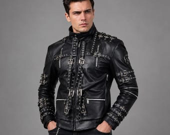 Handgemaakte Michael Jackson geïnspireerde zwarte leren jas voor heren gotische gesp stijl biker rockster mode jas PU-leer cosplay bovenkleding