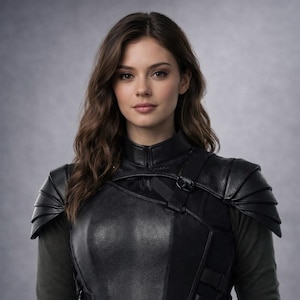 May include: A black tactical vest featuring a structured chest plate, layered shoulder pauldrons, and adjustable side straps with buckles. The vest is worn over a dark olive green long-sleeved shirt, creating a layered appearance with a high collar.