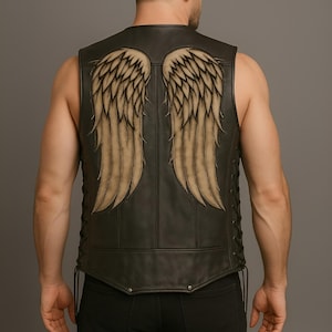 Handcrafted Angel Wings Leather Cosplay Vest – Custom Black Real Leather Costume by Ox and Bulls