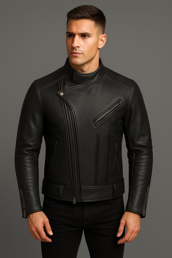 Motocross Leather Jacket Asymmetrical Zip Handmade Black Leather