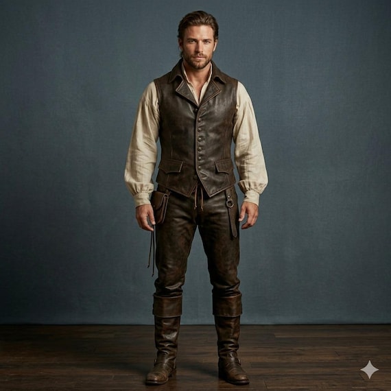 Men's Distressed Brown Leather Vest & Pants Set | Medieval Renaissance Pirate Cosplay Attire