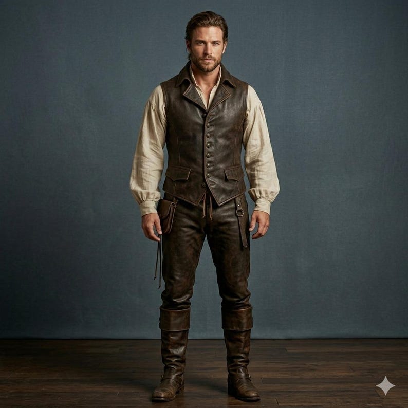 May include: A brown leather vest with matching pants and boots. The vest has a button-up front and pockets. The pants have a drawstring waist and are tucked into the boots. The outfit is paired with a cream-colored long-sleeve shirt.