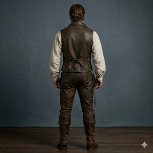 May include: A brown leather vest, pants, and boots ensemble. The vest has a buttoned back and the pants have a drawstring. The outfit is paired with a cream-colored long-sleeved shirt. The ensemble is suitable for cosplay or historical reenactments.