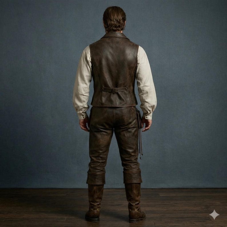 May include: A brown leather vest, pants, and boots ensemble. The vest has a buttoned back and the pants have a drawstring. The outfit is paired with a cream-colored long-sleeved shirt. The ensemble is suitable for cosplay or historical reenactments.