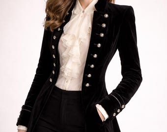 Handmade Customized Black Velvet Tailored Long Coat Vintage Inspired Statement Outerwear