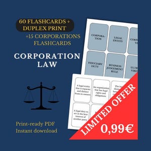 Può includere: Grafica blu navy con schede didattiche per il diritto societario. L'immagine include il testo "60 Flashcards + Duplex Print" e "+15 Corporations Flashcards". Le schede didattiche sono etichettate con termini come "Fiduciary Duty" e "Legal Entity".