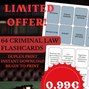 64 fichas de Derecho Penal en PDF – Inglés legal para estudiantes de derecho e inglés como segundo idioma – Tarjetas imprimibles – Descarga instantánea – Oferta limitada: solo 0,99