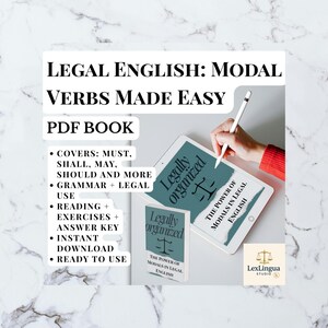 Peut inclure: Image d'une tablette et d'un livre intitulé "Legal English: Modal Verbs Made Easy." La tablette affiche "Legally Organized" et "The Power of Modals in Legal English." La couverture du livre reprend le design de la tablette. Les caractéristiques clés sont également listées.