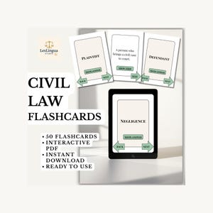 May include: Civil Law Flashcards with the text "Civil Law Flashcards" and "LexLingua Studio" logo. The image shows flashcards with terms like "Plaintiff", "Defendant", and "Negligence". The flashcards are interactive and ready to use.