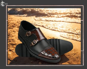 Handmade Leather Double Monk Strap Shoes: Black & Maroon Alligator Texture