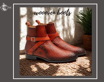 Handgemaakte bruine leren jodhpurs: geweven slangenstructuur, gespsluiting