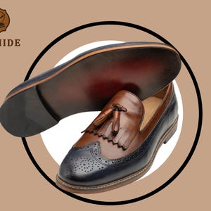 Men’s Handmade Two-Tone Wingtip Tassel Loafers Bespoke Brown & Black Leather Slip-On Brogue Detailing Moccasins Dress Shoe