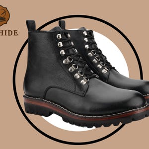 Handmade Leather Hiking and Combat Boots for Men & Women Rugged Black Military Outdoor Winter Work Chunky Lace-Up Shoes